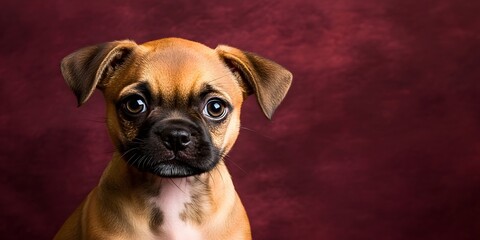 Obraz premium Adorable Pug Mix Puppy Portrait Against Maroon Background