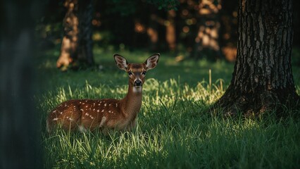 A deer gazes directly at the camera while resting.