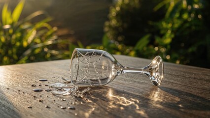 Fractured glass cup parts over a nature scene