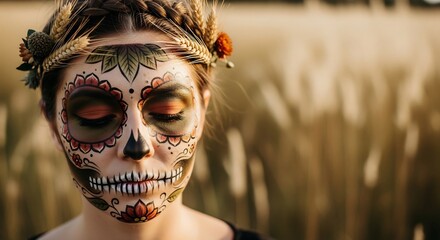 Woman with artistic sugar skull face paint for Day of the Dead celebration. Perfect for Halloween, cultural events, or Dia de los Muertos themed designs.