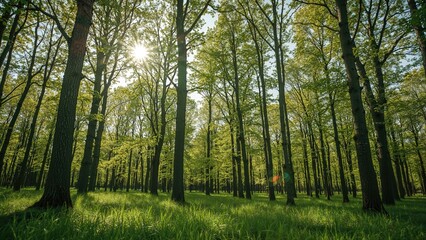 Fototapeta premium Scenic forest with lush green deciduous trees in a temperate region