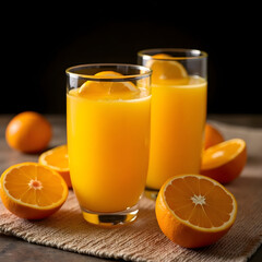 Two glasses of orange juice with orange slices on a burlap cloth