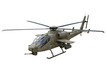A modern stealth military helicopter in camouflage, with its propellers in motion isolated on white or transparent background. PNG format.