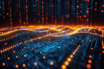 Glowing lights cascade in a digital wave.