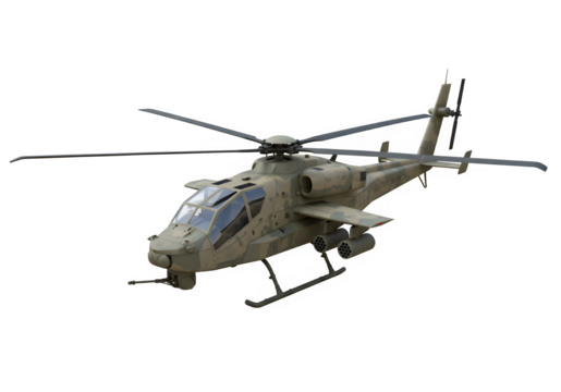 A modern stealth military helicopter in camouflage, with its propellers in motion isolated on white or transparent background. PNG format.