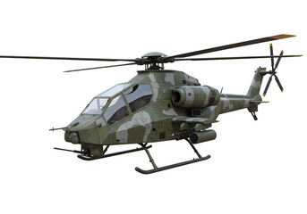 A modern stealth military helicopter in camouflage, with its propellers in motion isolated on white or transparent background. PNG format.