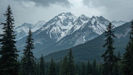 Naklejka premium The snow-covered peaks look stunning on a gloomy day created with AI technology