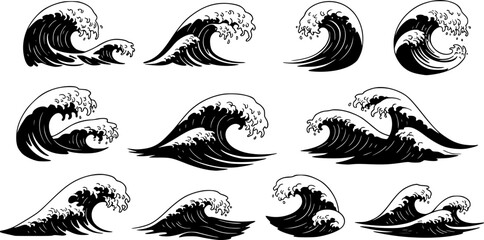 Obraz premium Oriental waves icons japan. Stylized ocean wave curls, japan style tsunami, sea swirls graphics collection. Oceanic water asian decorative ornamental splashes elements. Art vector illustration