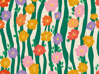 Seamless floral pattern composed of whimsical garden blooms and foliage arranged over uneven green stripe bands on a light ground offering a lively repeat for posters packaging and branding layouts