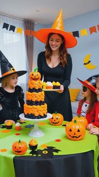 vertical. Children in Halloween costumes gather around a decorated table with a festive pumpkin-themed cake and cupcakes indoors