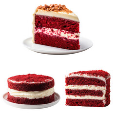 Set of isolates without background featuring delicious red velvet cakes for celebrations.