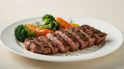 Tender steak paired with a medley of vegetables and microgreens