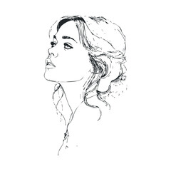 Naklejka premium Elegant sketch of a woman with flowing hair and calm expression