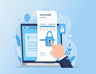 Secure Invoice Concept: Laptop, Padlock, Hand Interacting, Digital Security, Online Payment,digital security, online payment, secure invoice, business concept, laptop screen, digital lock, 