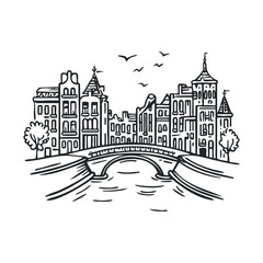 Obraz premium Charming canal view with historic buildings and a bridge in a city