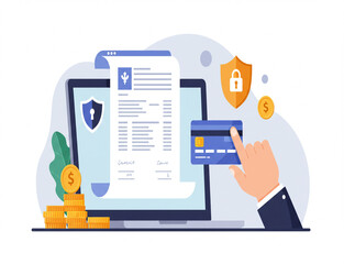Fototapeta premium Online Payment and Financial Security Concept: Laptop, Credit Card, Invoice, and Money,online payment, digital invoice, credit card, secure transaction, financial security, online banking, gold coins,