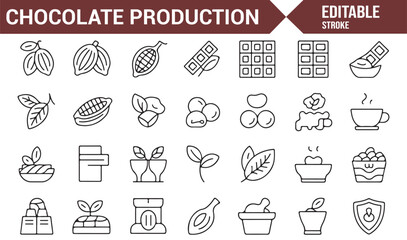 Simple Icons of Cocoa Beans, Chocolate Ingredients, and Production Process
