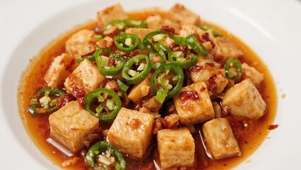 Tofu stir-fry featuring green chili peppers, isolated on a white surface, close up, classic regional dish, flavorful