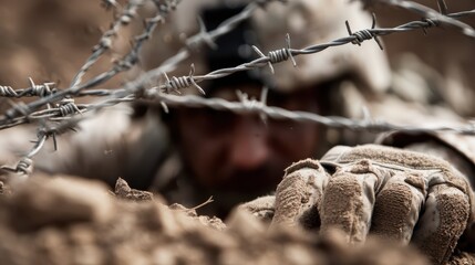Fototapeta premium Soldier Crawling Under Barbed Wire in Tactical Military Scenario