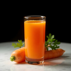 A glass of carrot juice with carrots and parsley on white surface