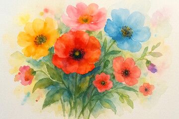 beautiful different flowers watercolor, AI Generation