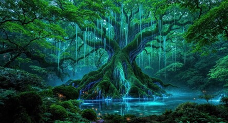 A massive glowing tree with bioluminescent roots towers over a mystical forest lagoon, radiating enchantment and ancient magic – AI Generated Digital Art.