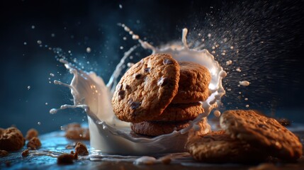Obraz premium Splashing Milk and Cookies in Dramatic Lighting with Motion Effects