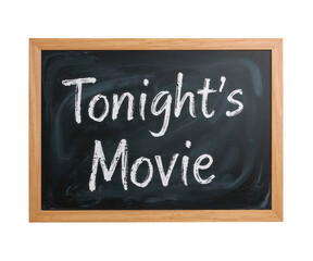 Obraz premium Vintage Chalkboard Displaying ,Tonight's Movie, in Rustic White Script, Framed in Warm Oak for Home Theater Decor