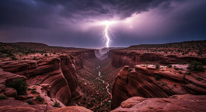 Dramatic lightning storm over canyon landscape photography nature scenic travel destination outdoors weather 100 - Powered by Adobe