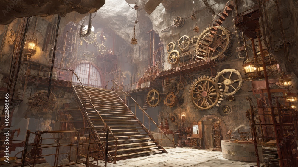 Poster steampunk dungeon with gears and intricate machinery in a cave setting