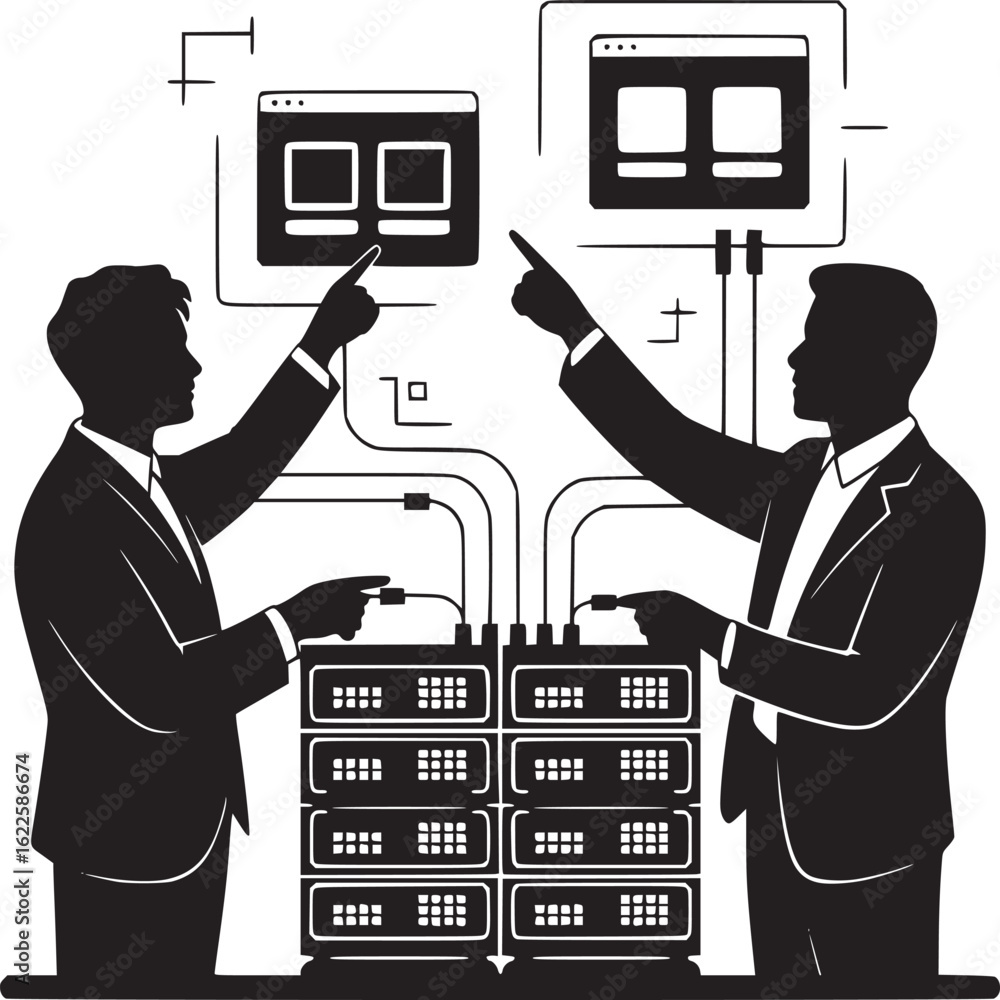 Poster two men in suits pointing at servers and web interfaces in a black and white vector illustration