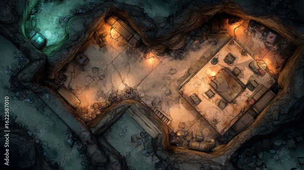 Poster intricate subterranean cave hideout with ambient lighting and generators