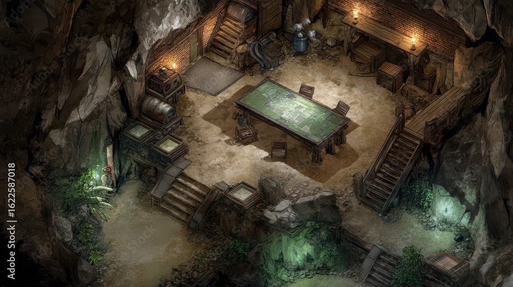 Poster subterranean cave hideout with generators and map table