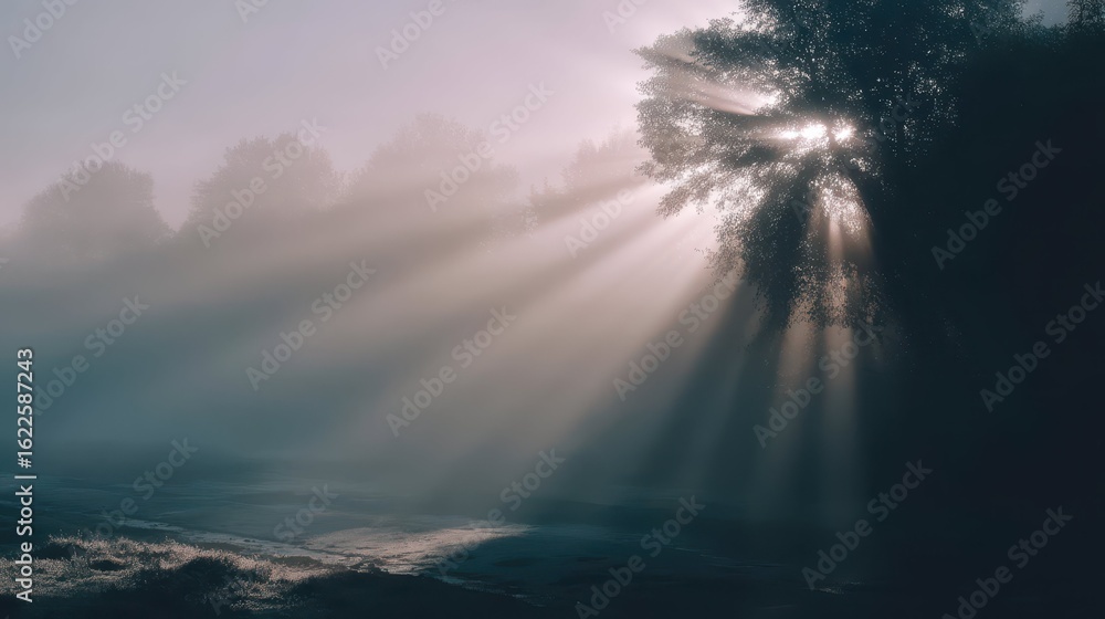Poster sun rays emerge through fog creating a pale background scene