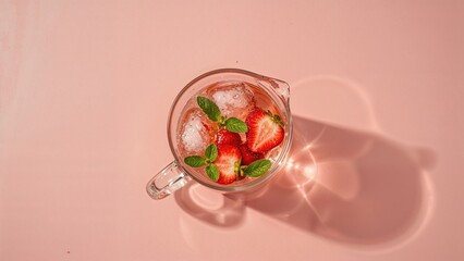 Top view of a cool mint and strawberry infused drink on a pink background with extended shadows