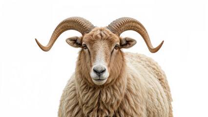 High-quality studio portrait of a Jacob sheep featuring four horns on a white background