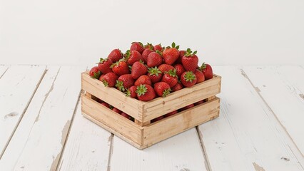 Container of strawberries placed on a pale wooden tabletop