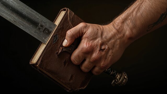 Firm hand of a man holding a blade and a sacred text