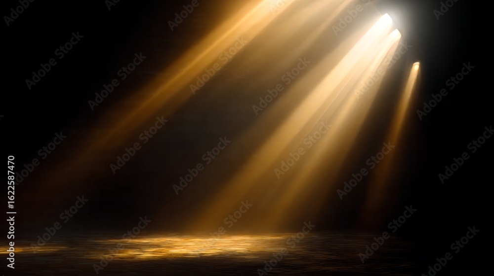 Aufkleber golden light rays illuminating a mystical atmosphere in a dark room with an unseen window source.