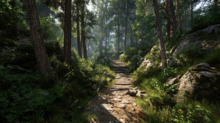 Sun-Drenched Forest Trail Surrounded by Birds and Natural Beauty