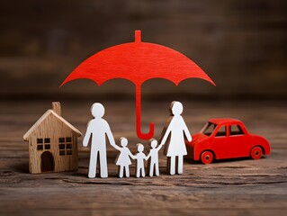 happy family with house and car protected by insurance umbrella