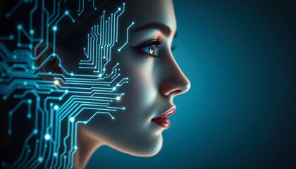 x-default Woman face merging with a circuit board