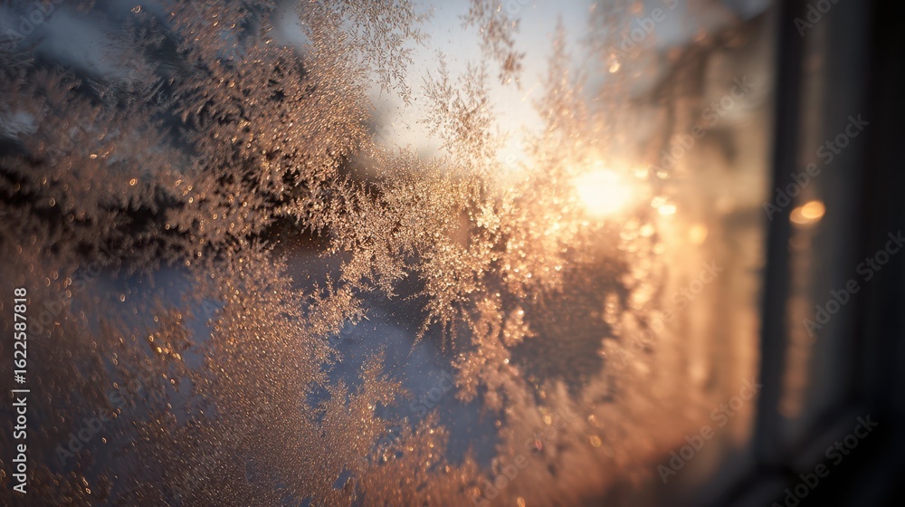 Aufkleber frosty sunlit window with intricate ice patterns at dawn