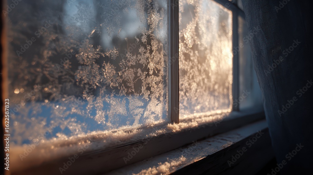 Poster sunlit frosty window with ice crystals and soft background glow