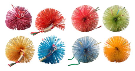 Colorful Decorative Pom Poms in Various Bright Shades and Textures, isolated on transparent background