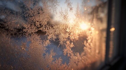 Frosty Sunlit Window with Intricate Ice Patterns at Dawn