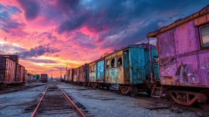 Obraz premium Vibrant Sunrise Over Abandoned Train Cars in Desolate Landscape