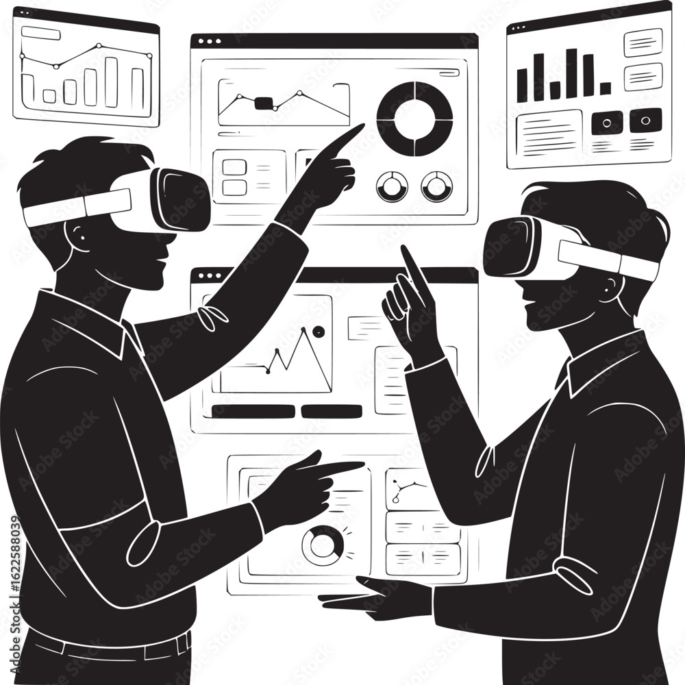 Poster two people wearing vr headsets interacting with data visualizations in a virtual environment concept