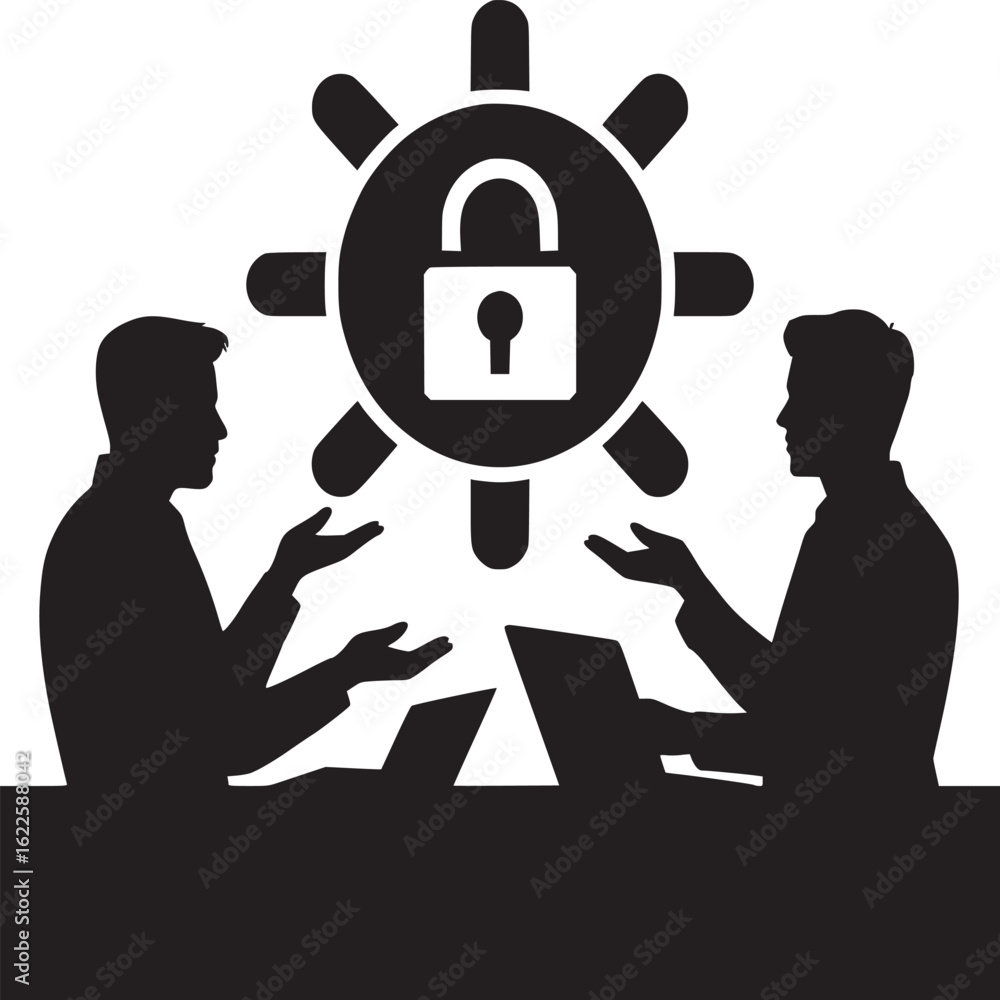 Poster two silhouetted figures with laptops facing each other under a lock with radial extensions above the