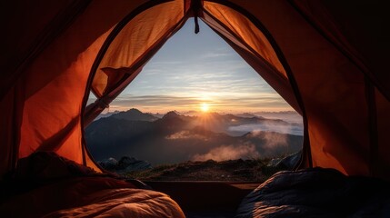 Serene Sunrise Viewed from Tent Opening in Majestic Mountain Range